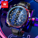 OLEVS Relógio Masculino Original Automático Esqueleto a Prova D'água Couro 6682 44mm