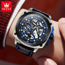 OLEVS Relógio Masculino Original Automático Esqueleto a Prova D'água Couro 6682 44mm
